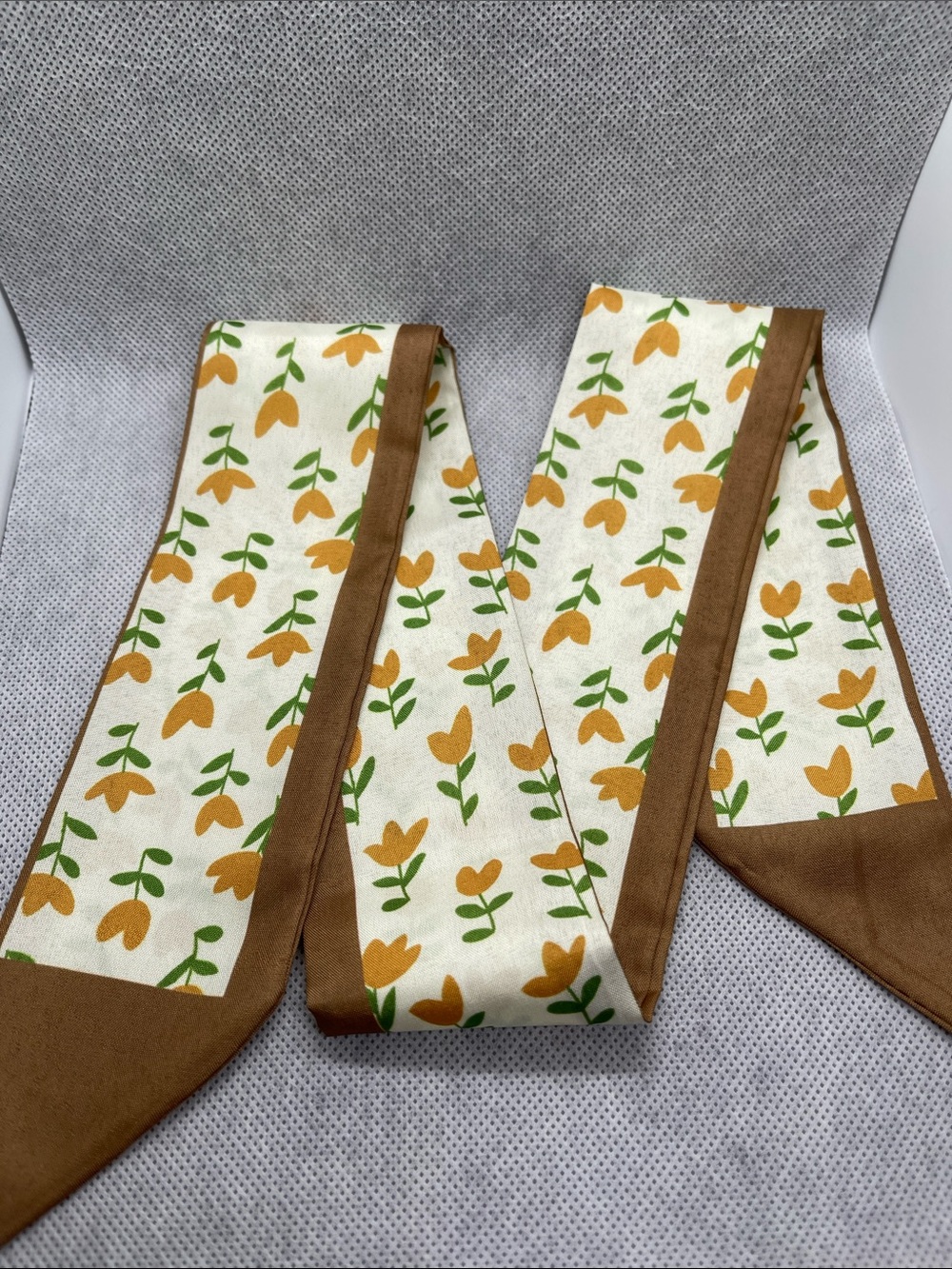 Floral Yellow & Green Cotton Scarf with Brown Trim